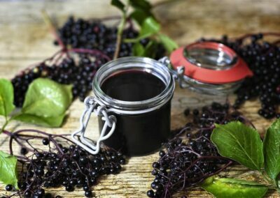 Selbstgemachtes Holundermus in einem Einkochglas inmitten von Holunderbeeren. Wildkraeuterexpertin Gerda Holzmann aus dem Waldviertel teilt ihr Kraeuterwissen und Hausmittel.